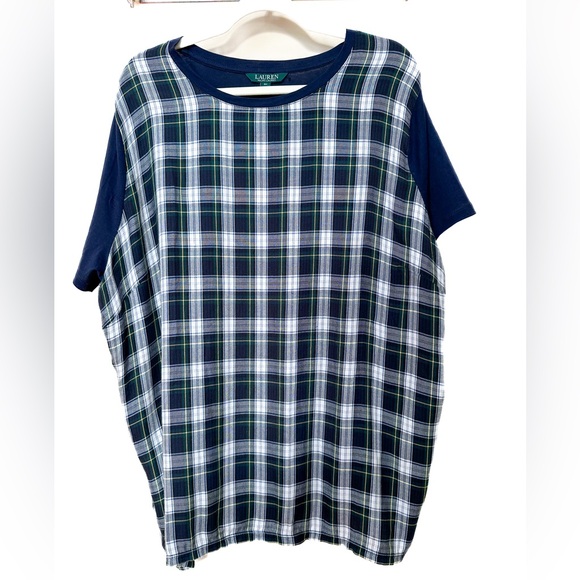 Ralph Lauren plaid top, with solid navy back. Pull on, short sleeve, Sz 3X - Picture 3 of 7